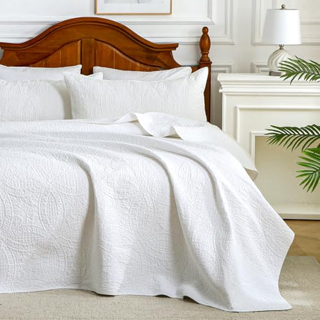 Aqzuxira White 100% Cotton Quilt Set King Size, 3 Piece Modern Textured Bedspread with Coin Pattern, Lightweight Crinkly Coverlet Sham Set, Soft Minimalist All Season Bedding, Garment-Washed Aqzuxira
