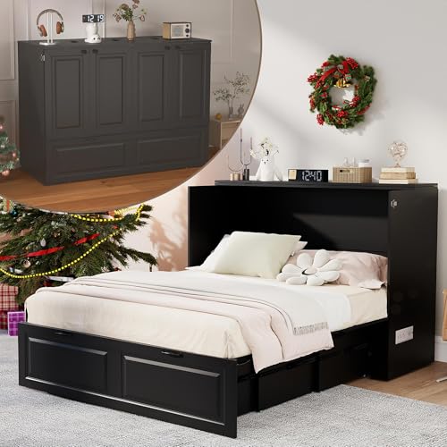 Swyanste Full Size Murphy Bed Cabinet: Black Horizontal Murphy Beds with Storage, Hidden Cabinet Bed Full for Small Spaces, 2 in 1 Murphy's Beds with Charging Station(Black) Swyanste