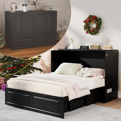 Swyanste Full Size Murphy Bed Cabinet: Black Horizontal Murphy Beds with Storage, Hidden Cabinet Bed Full for Small Spaces, 2 in 1 Murphy's Beds with Charging Station(Black) Swyanste