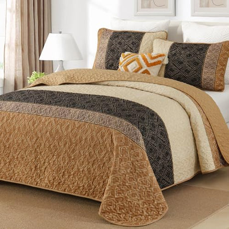 Cottolester Fall Quilt Set Queen Size 3 Pieces,Brown Striped Bedspread,Boho Plaid Bedding Set Soft Microfiber Quilt with 2 Pillow Shams 96"x90" Cottolester