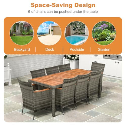 HAPPYGRILL 9 Pieces Outdoor Dining Set, Acacia Wood and Rattan Furniture Set with 1 Large Rectangular Table and 8 Chairs with Cushions, Patio Wicker Dining Table and Chairs Set