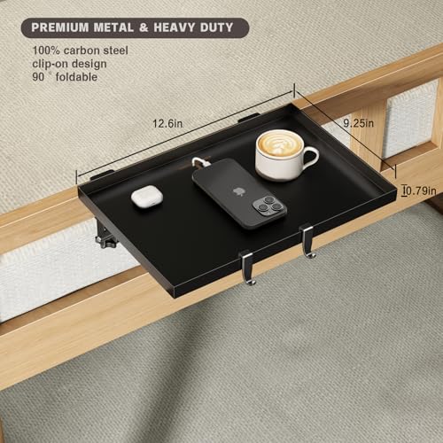 Magheo Bedside Shelf Foldable, Metal Clip-On Bunk Bed Table Shelf for Top Bunk Heavy Duty Bed Side Table Tray for College Dorm Room Essentials, Loft Nightstand Organizer Tray with 1 Cord Hole(Black) Magheo