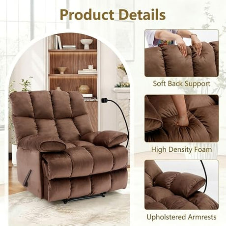 Cooexult Oversized Recliner Chair for Living Room, Extra Wide Manual Recliner for Big Man, Soft Velvet Fabric Recliner Sofa with Phone Holder for Living Room, Bedroom and Home Theater, Brown Cooexult