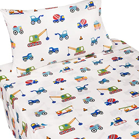 J-pinno Build Construction Engineering Vehicle Cars Trucks Crane Digger Cartoon 100% Cotton Twin 3 Pieces Sheet Set Decoration Kids Boys Children Flat Sheet + Fitted Sheet + Pillowcase Bedding Set J-pinno