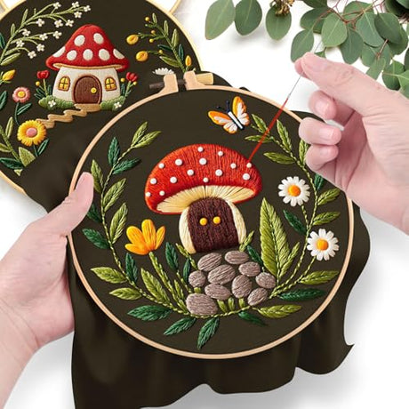 ERKOON Embroidery Kit for Beginners, 2 Set Flower Cross Stitch Set Include Embroidery Cloth Hoops Threads for Craft Lover Hand Stitch with Embroidery Skill Techniques (Mushroom) ERKOON