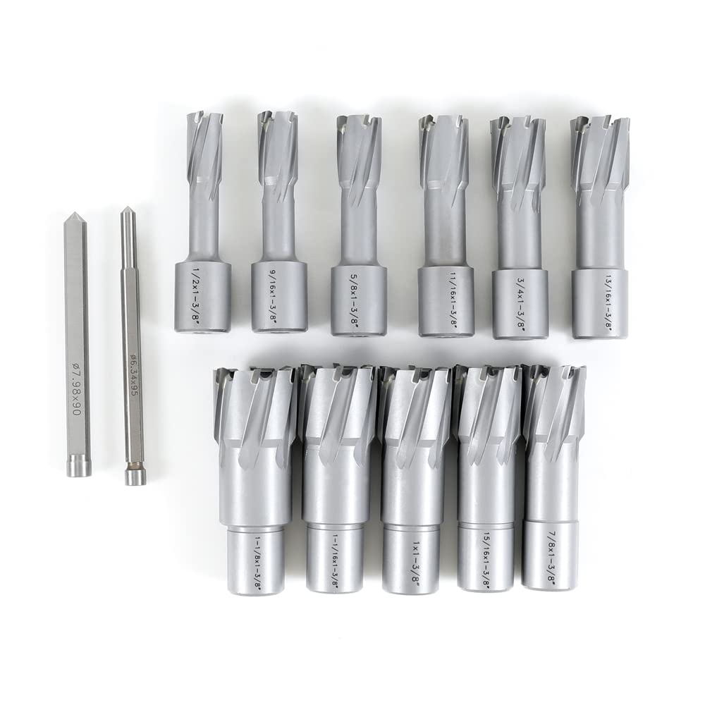 OSCARBIDE Carbide TCT Annular Cutter Set 13 pcs,3/4"Weldon Shank,1-3/8"Cutting Depth and 1/2 to 1-1/8 inch Cutting Diameter,TCT Mag Drill Bits for Magnetic Drill Press with Pilot Pins OSCARBIDE