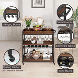 BON AUGURE Bar Cart for The Home, Rolling Home Bar Serving Cart on Wheels, 3 Tier Liquor Beverage Cart for Home Bar with Wine Rack and Glass Holder, Rustic Oak BON AUGURE