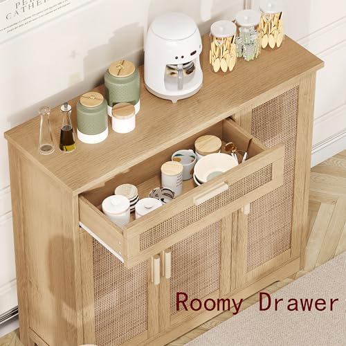 Keehusux Rattan Sideboard Buffet Cabinet, Floor Storage Cabinet with Drawer & 3 Doors, Freestanding Cabinet with Adjustable Shelf, Accent Cabinet for Kitchen, Living Room, Hallway, Natural KE - WoodArtSupply