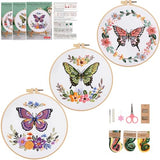 Mozzyyee 3 Sets Embroidery Starter Kit for Beginners Adults Include 3 Embroidery Clothes with Instructions Hoops Floss Thread Fabric Needles (Butterfly)