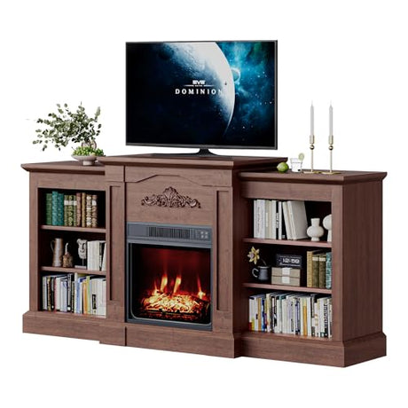 67" Fireplace TV Stand with Mantel, 18" Electric Fireplace Insert & Cabinets, Entertainment Center for Living Room or Bedroom, Fits TVs Up to 67", Remote Control, Brown PeakPursuit