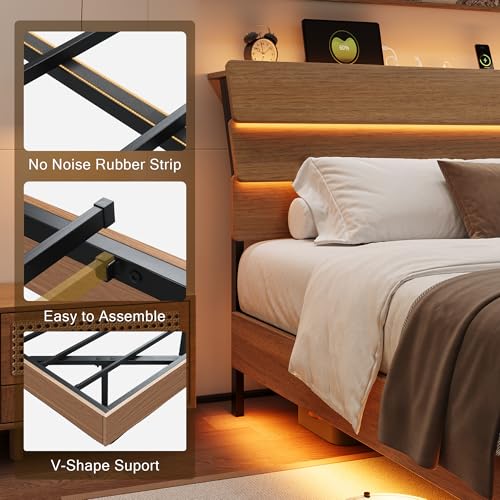 Einhomn Floating Bed Frame Full with Led Lights and Charging Station, Full Size Platform Bed Frame w/Storage Headboard, Heavy Slats Support, No Box Spring Needed, Noise Free, Easy Assembly, Walnut Einhomn