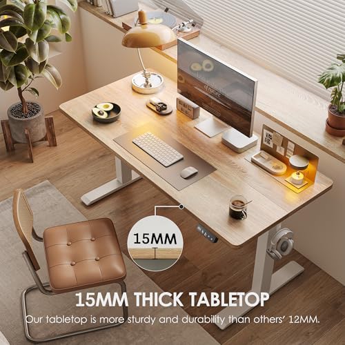 TIQLAB Standing Desk 47 x 24 inch, Electric Height Adjustable Desk with Splice Board, Stand Up Desk with Casters, Sit Stand Desk Computer Desk for Home Office, White Frame/Maple Top - WoodArtSupply