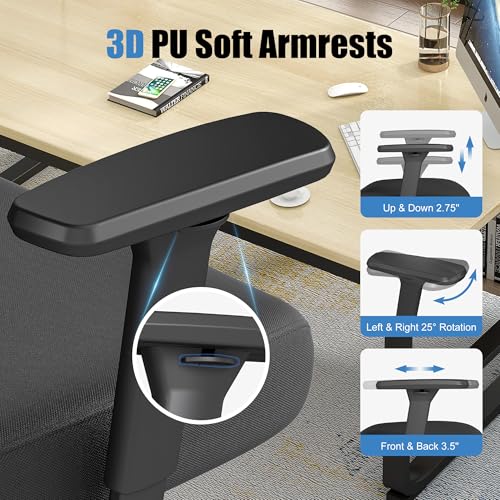 Ergonomic Office Chair with Adjustable Lumbar Support, 3D Arms and Headrest, High Back Wide Desk Computer Chair with Wheels, for Home & Office, Black ZZH