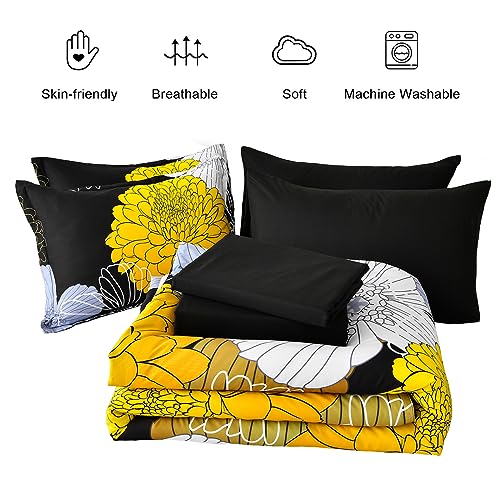 Black Yellow Comforter Set Full,Floral Bed in a Bag Comforter for All Season,7 Pieces(1 Comforter 1 Flat Sheet 1 Fitted Sheet 2 Pillowshams and 2 Pillowcases),Soft Microfiber Bedding Set 90" x78” Yiran