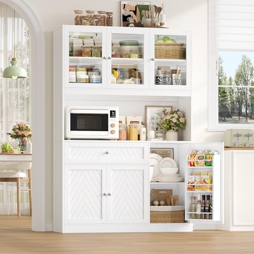 BOTLOG 72” Tall Kitchen Pantry Storage Cabinet, Modern White Kitchen Hutch with Large Storage Drawer, Countertop, Adjustable Shelves, Food Pantry Cabinets for Dining Room, Living Room BOTLOG