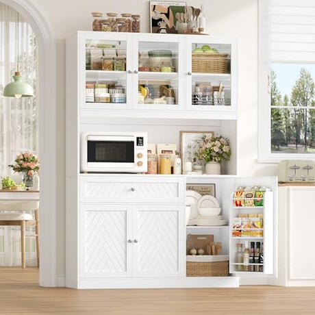 BOTLOG 72” Tall Kitchen Pantry Storage Cabinet, Modern White Kitchen Hutch with Large Storage Drawer, Countertop, Adjustable Shelves, Food Pantry Cabinets for Dining Room, Living Room BOTLOG