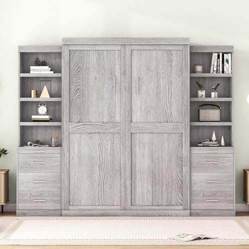 Merax Full Size Murphy Bed with Storage Shelves and Drawers, Full Size Murphy Bed Cabinet, Wood Wall Hidden Beds for Teens or Adults, No Box Spring Needed, Gray Merax