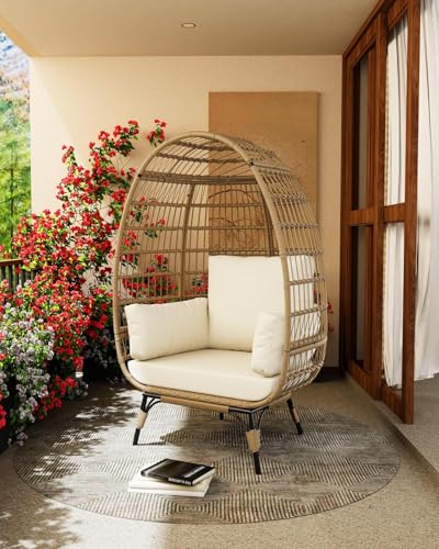 DEXSO Oversized Wicker Egg Chair - 350LBs Capacity, Steel Frame & Ultra Luxury Cushions, Indoor/Outdoor Use for Balcony, Patio, Living Room (White) DEXSO