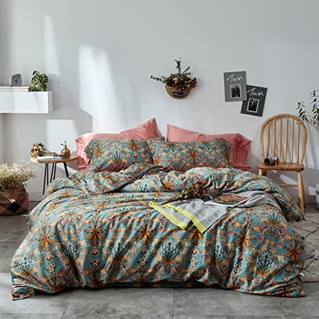 mixinni Vintage Style Garden Flower Queen Duvet Cover with Zipper Closure Soft Long Staple Percale Cotton Vibrant Pattern on Flower Bedding Quilt Cover Set(Queen, All Season) mixinni