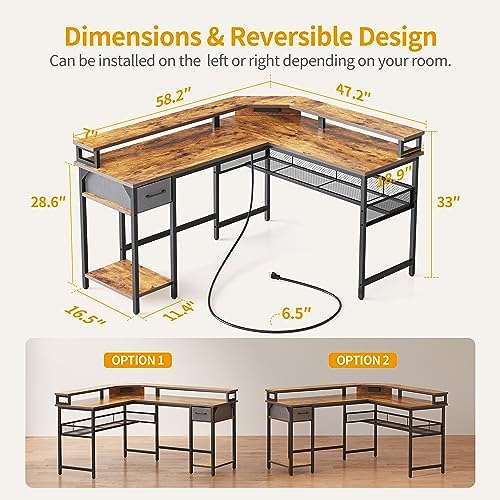 CubiCubi 58" L Shaped Gaming Desk with LED Lights & Power Outlets - Rustic Brown Corner Computer Desk with Storage and Monitor Stand - WoodArtSupply