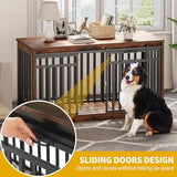 DWVO 55" Extra Large Dog Crate Furniture, Heavy Duty Metal Dog Kennel TV Stand with Sliding Door, Wooden Dog Cage Table with Dog Bowl for Extra Large Medium Dogs or 2 Small Dogs, Rustic Brown DWVO