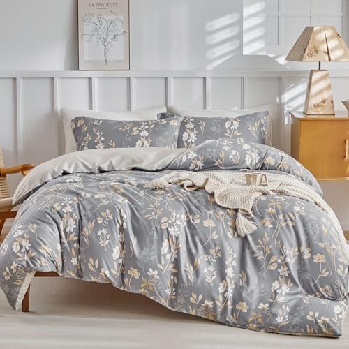 Lekesky Queen Duvet Cover Set, Gold Floral Duvet Cover Queen Size, 3 Pieces Grey Bedding Sets with Zipper, Ultra Soft Microfiber Reversible Queen Size Comforter Cover with 2 Pillowcases 20"x26" Lekesky