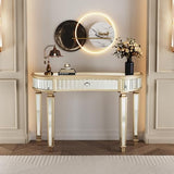 Mcltopz 47" Gold Mirrored Console Table, Half-Moon Sofa Table with with Fluted Glass & Crystal Knob Drawer, Modern Luxury Entryway Vanity Desk Mirrored Furniture with Sturdy Wooden Frame for Bedroom Mcltopz