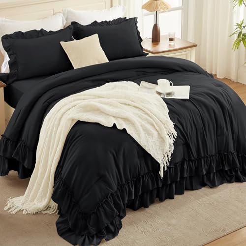 Andency Black King Comforter Set(104x90Inch), 3 Pieces Ruffle Comforter Set with 2 Pillowcases, Farmhouse Shabby Chic Lightweight Fluffy Soft Microfiber All Season Bed Set Andency