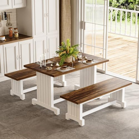 LITTLE TREE Dining Table Set for 4 with 2 Benches, Modern Kitchen Table with MDF Board, Space-Saving Dinette for Kitchen, Dining Room, Brown and White LITTLE TREE