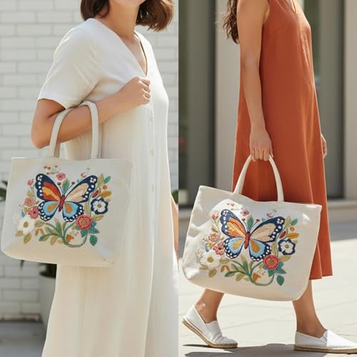 ARTopet Embroidery Tote Bag Kit for Beginners Butterfly Canvas Cross Stitch Handbag with Hoops Needles Threads Reusable Grocery Bag for Women-Butterfly03