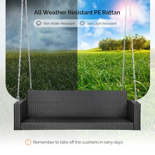 VINGLI Heavy Duty 800 LBS Wicker Hanging Porch Swing with Cushions & Chains, 5FT Outdoor Rattan Swing Bench for Garden, Yard, Lawn (Black) VINGLI