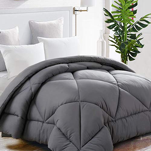 TEKAMON All Season Queen Comforter Winter Warm Soft Quilted Down Alternative Duvet Insert with Corner Tabs,Luxury Fluffy Reversible Hotel Collection,Charcoal Grey,88 x 88 inches TEKAMON