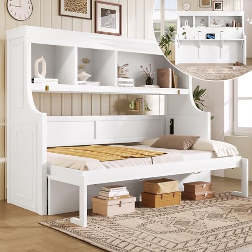 MERITLINE Space-Saving Twin Murphy Bed with Built-in Desk & Shelves, Wall Bed with Storage for Small Rooms, Home Office & Dorm (White) MERITLINE