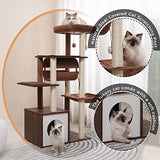 PEQULTI 51.4 Inches Modern Cat Tree Premium 6 Levels Wooden Cat Tower with Fully Sisal Covered Scratching Posts, Cozy Condo, Spacious Perch, Super Large Hammock and Swing Tunnel for Indoor Cats Brown PEQULTI
