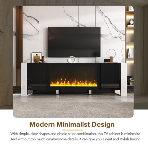 Modern TV Stand with 34.2" Non-Heating Electric Fireplace, High Gloss Entertainment Center with 2 Cabinets, Media Console for TVs up to 78" QSOSTNS