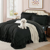 AMBERSPACE Queen Comforter Set Black, Ruffle Shabby Chic Bedding Set Farmhouse 7 Pieces, All Season Fluffy Bed in a Bag with Sheets, Pillowcases & Shams AMBERSPACE