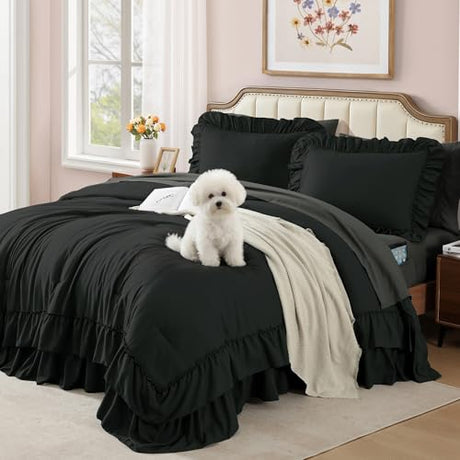 AMBERSPACE Queen Comforter Set Black, Ruffle Shabby Chic Bedding Set Farmhouse 7 Pieces, All Season Fluffy Bed in a Bag with Sheets, Pillowcases & Shams AMBERSPACE