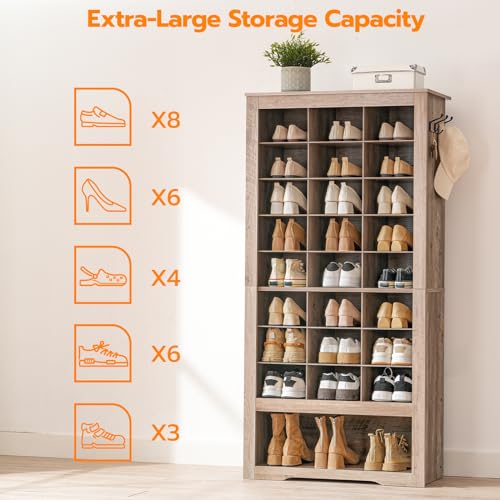 HOOBRO Tall Shoe Cabinet, 9 Tier Shoe Storage Cabinet, Freestanding Wooden Shoe Cabinet Organizer with 24 Cubbies and 3 Hooks, for Entryway, Closet, Living Room, Greige BG24SC01 HOOBRO