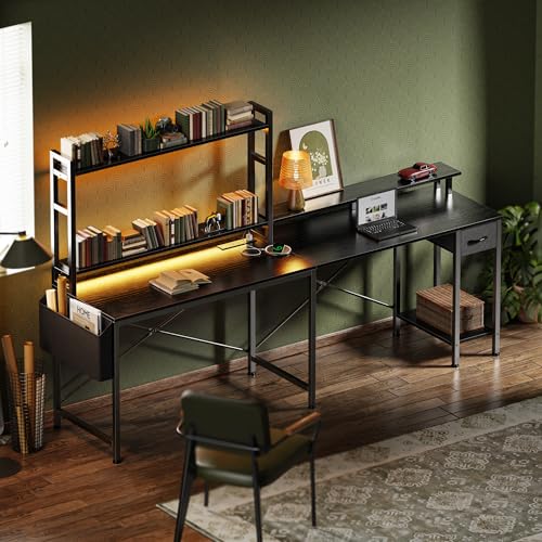 Huuger L Shaped Gaming Desk with LED Lights, Power Outlets & Storage Shelves, Black Huuger