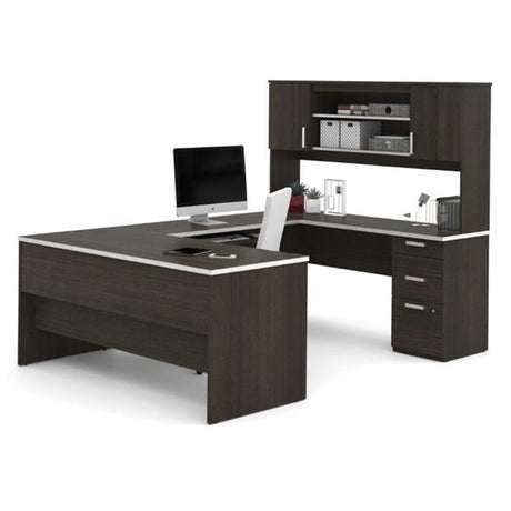 Pemberly Row U Shaped Modern Executive Computer Desk with Pedestal and Hutch in Brown Chocolate Pemberly Row