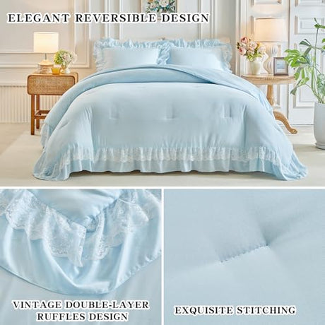 Joyreap Queen Size Comforter Set Blue, 3pcs Lace Ruffled Bedding Comforter Set, Microfiber Vintage Boho Chic Bedding Set for All Season- 88x88 inches Joyreap