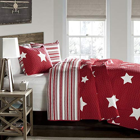 Lush Decor Star Quilt - Reversible 2 Piece Pattern Striped Bedding Set with Pillow Sham - Twin - Red Lush Decor
