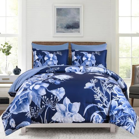 Luxudecor Floral Comforter Set King Size 7 Piece, Navy Blue Flower Bed in a Bag, Elegant Floral Comforter with Sheet Set, Soft Microfiber Bedding Set for All Season (Navy Blue, 104"x90") Luxudecor