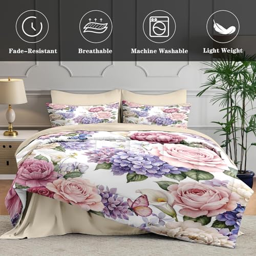WeCozy 5 Pcs Twin Size Comforter Set with Pillowcase & Sham, Floral Flower Peony Bedding for Kids and Adults, Botanical Painting Hydrangea Bed in a Bag with Flat Fitted Sheet WeCozy