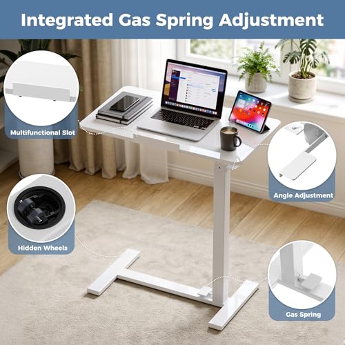 DUMOS Adjustable Overbed Bedside Table with Hidden Wheels, Mobile Standing Desk with Pneumatic Lift, Portable Computer Workstation Cart for Bed, Couch, Office, Sofa, White DUMOS