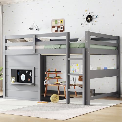Bellemave Full Size Loft Bed for Kids with Sliding Chalkboard & Bookshelf, Sturdy Wooden Full Loft Bed Frame with Safety Guardrails, Space Saving Kids Loft Beds with Under-Bed Play Space, Grey Bellemave