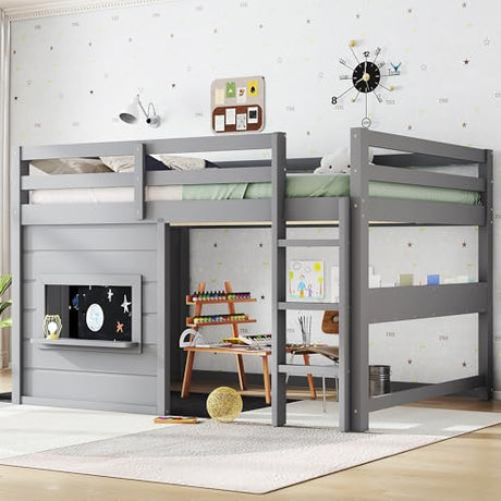 Bellemave Full Size Loft Bed for Kids with Sliding Chalkboard & Bookshelf, Sturdy Wooden Full Loft Bed Frame with Safety Guardrails, Space Saving Kids Loft Beds with Under-Bed Play Space, Grey Bellemave