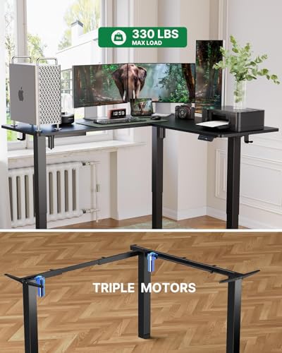 Marsail 63×55 in Electric Corner L-Shaped Standing Desk with 4-in 1 Electical Outlet, Computer Desk with Headphone Hook, Memory Sit Stand up Home Office Table, Ergonomic Gaming Table,Black Marsail