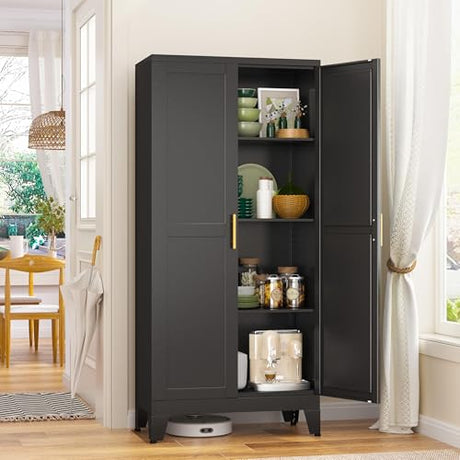 GAIOUS Metal Storage Cabinet With 2 Doors and 3 Adjustable Shelves, Black Kitchen Pantry for Food, Utility Cabinet for Laundry Room, Cupboard GAIOUS