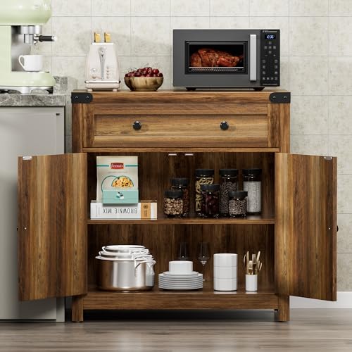 YESHOMY Coffee Bar Accent Cabinet, Farmhouse Barn Door Buffet Sideboard with Drawer and Adjustable Shelf, Wide Desktop for Kitchen, Dining Room, Bathroom, Entryway, Brown - WoodArtSupply